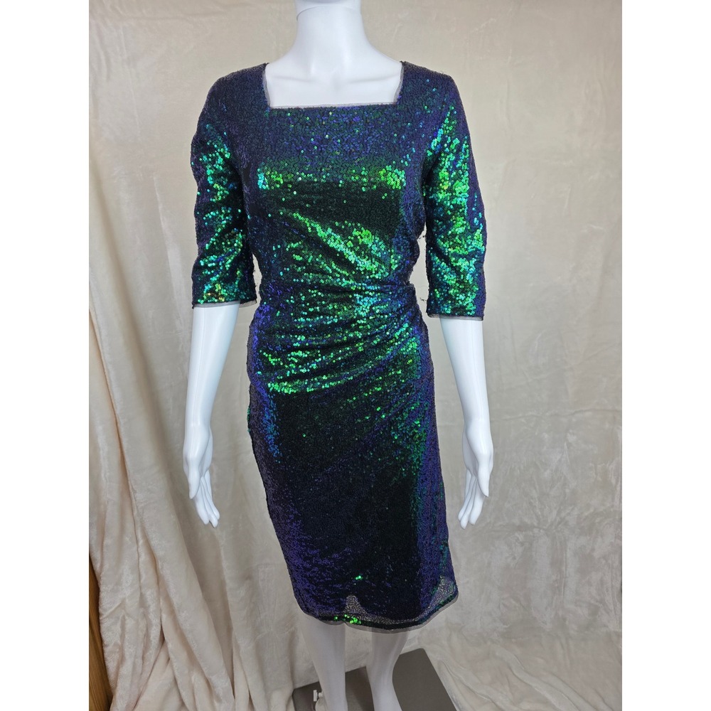 Sequin Cocktail Dress Square Neck 3/4 Sleeve Iridescent Green Purple Belle Pogue